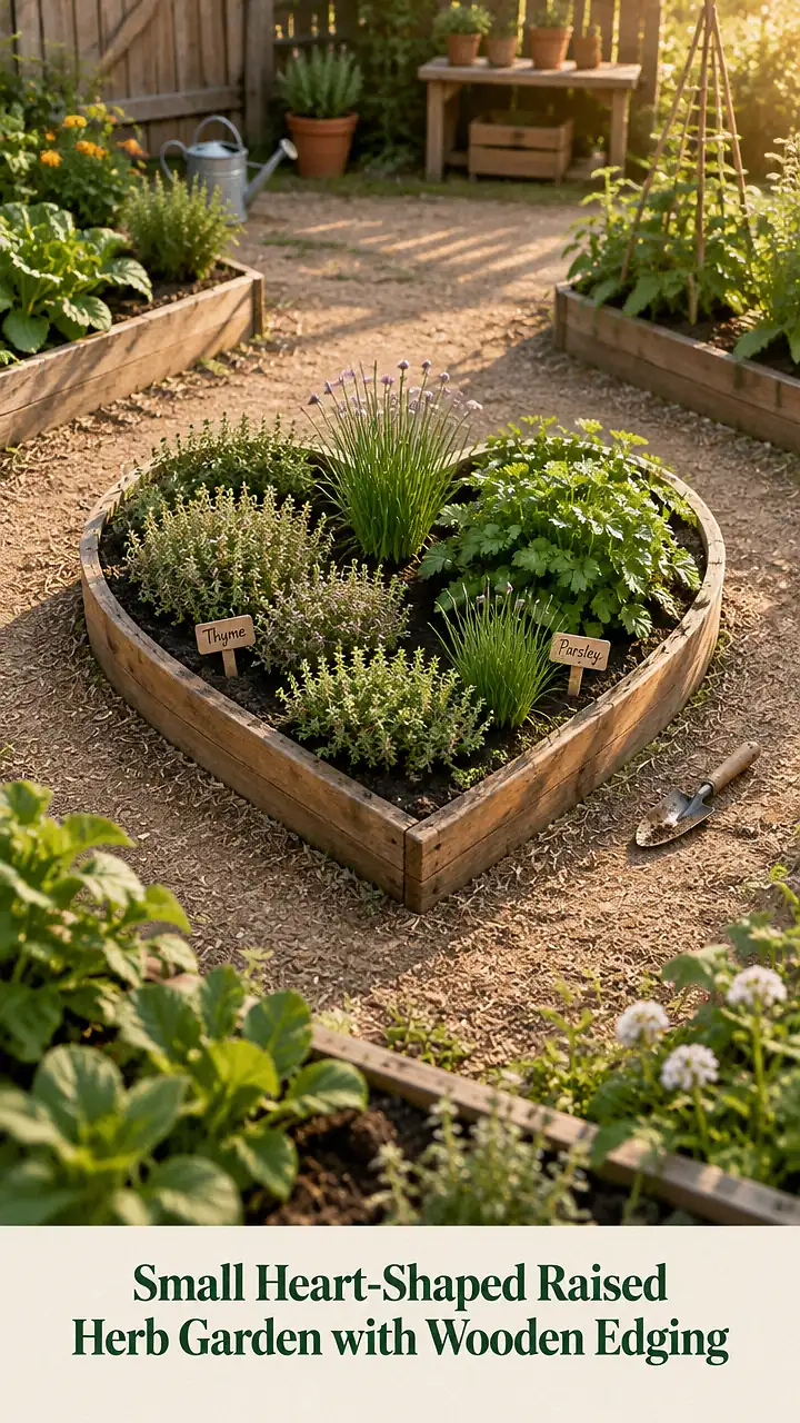 Small Heart-Shaped Raised Herb Garden with Wooden Edging