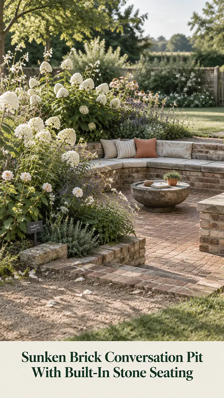 Sunken Brick Conversation Pit With Built-In Stone Seating