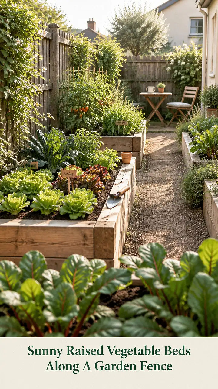Sunny Raised Vegetable Beds Along A Garden Fence