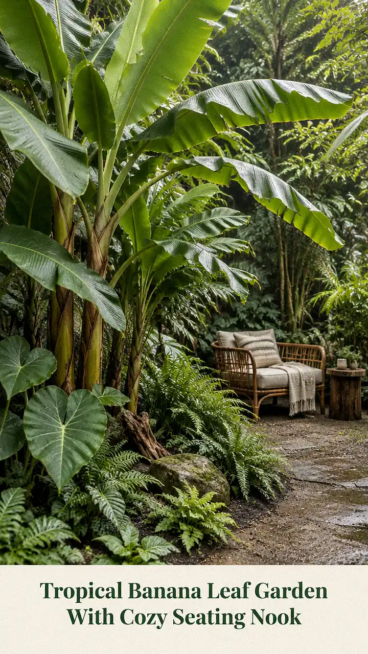 Tropical Banana Leaf Garden With Cozy Seating Nook