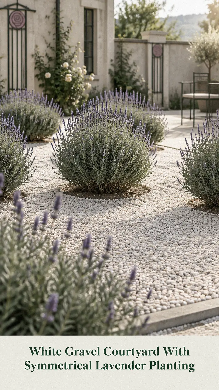 White Gravel Courtyard With Symmetrical Lavender Planting