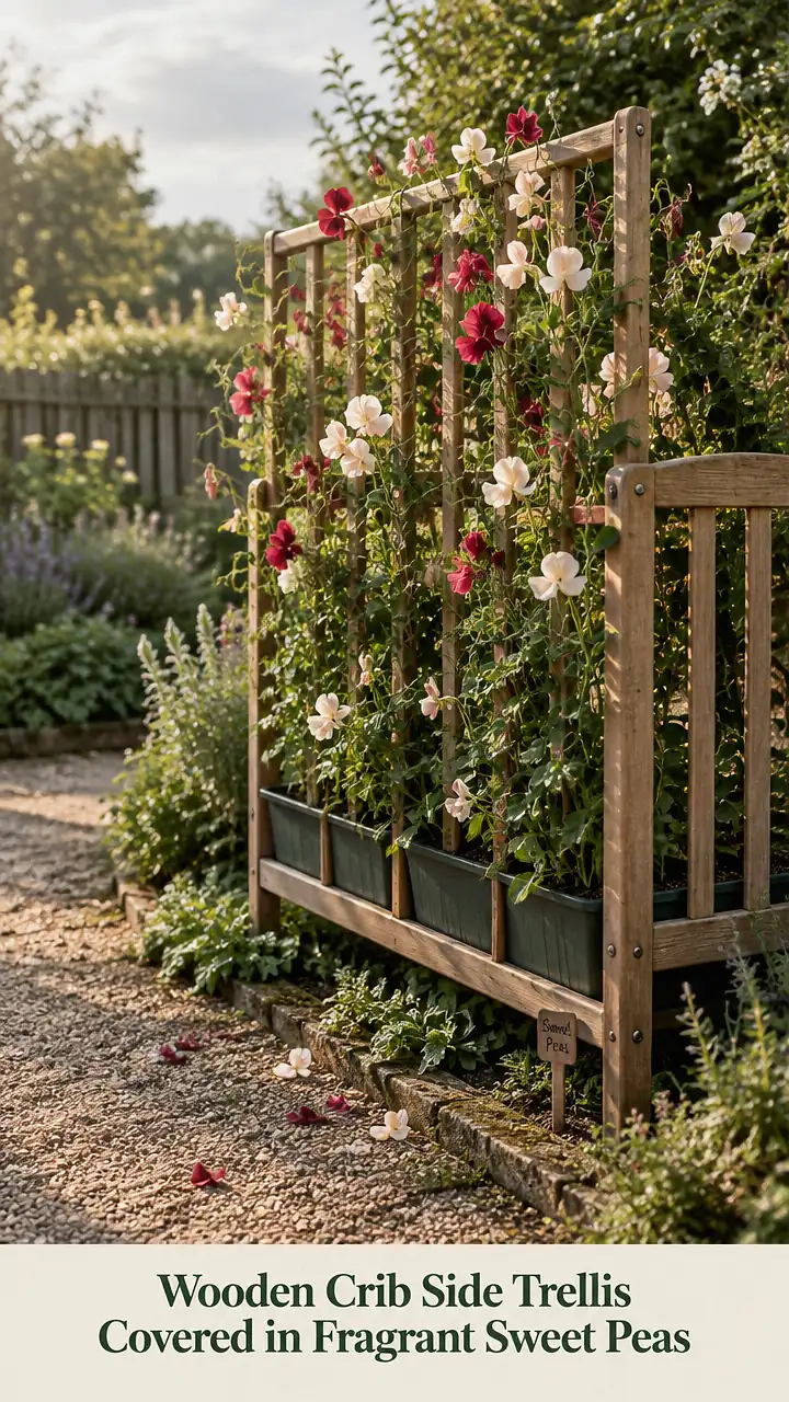 Wooden Crib Side Trellis Covered in Fragrant Sweet Peas