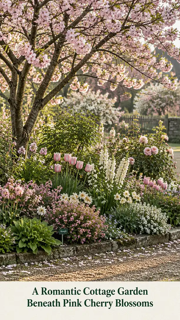 A Romantic Cottage Garden Beneath Pink Cherry Blossoms