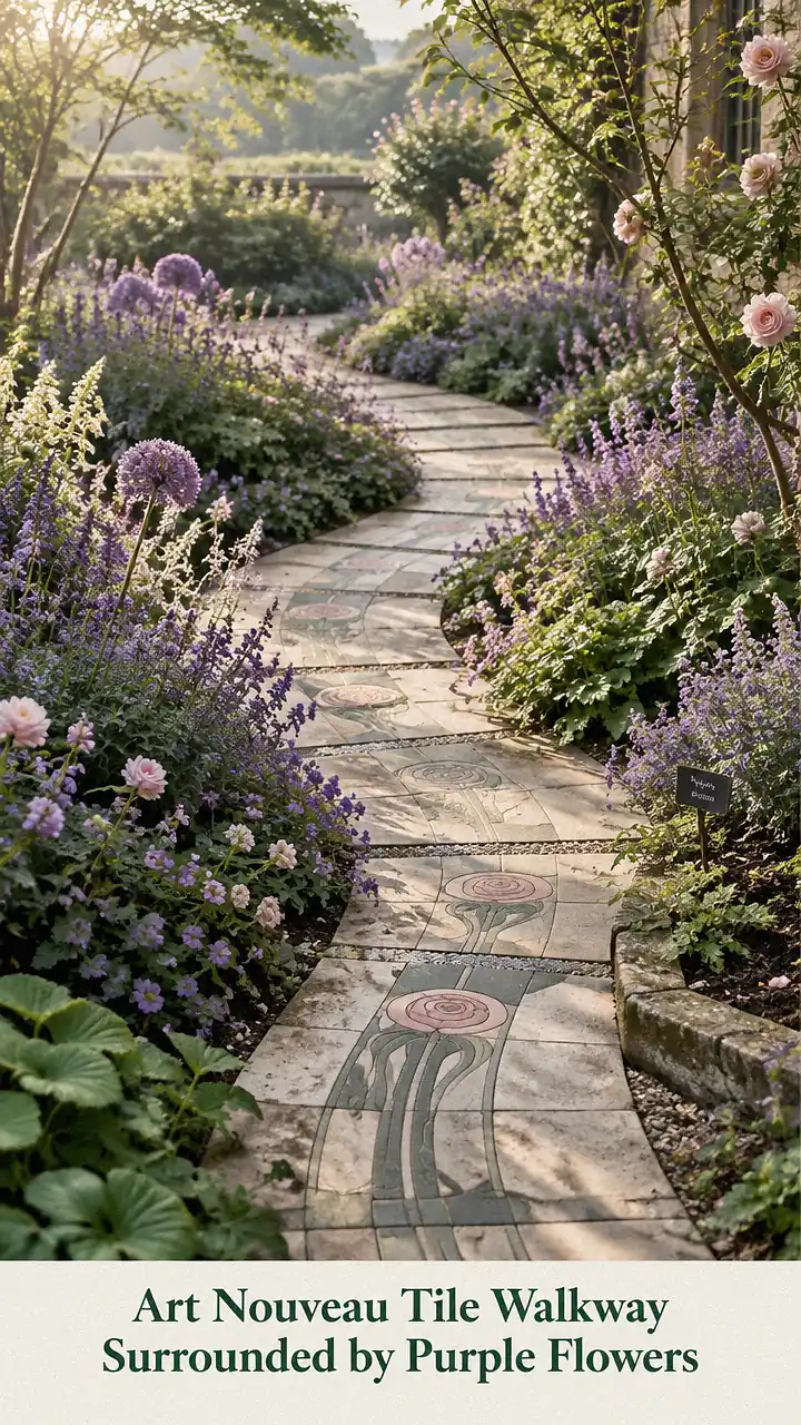 Art Nouveau Tile Walkway Surrounded by Purple Flowers