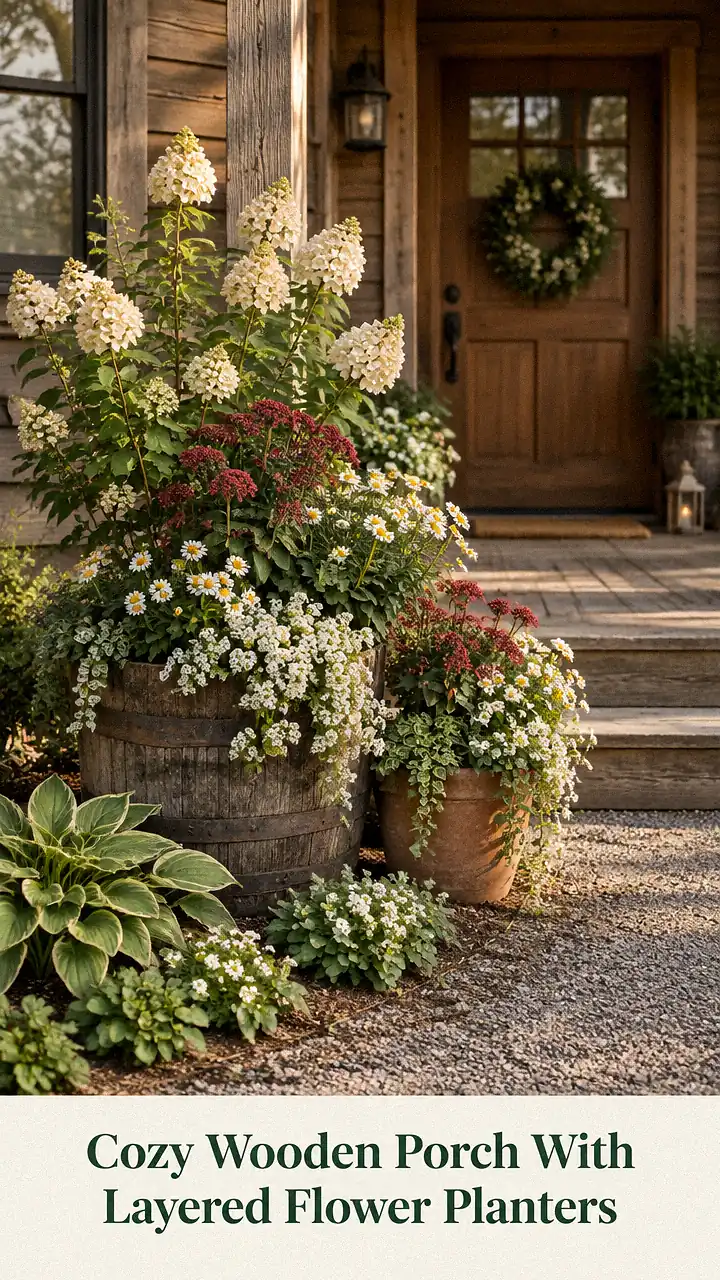 Cozy Wooden Porch With Layered Flower Planters
