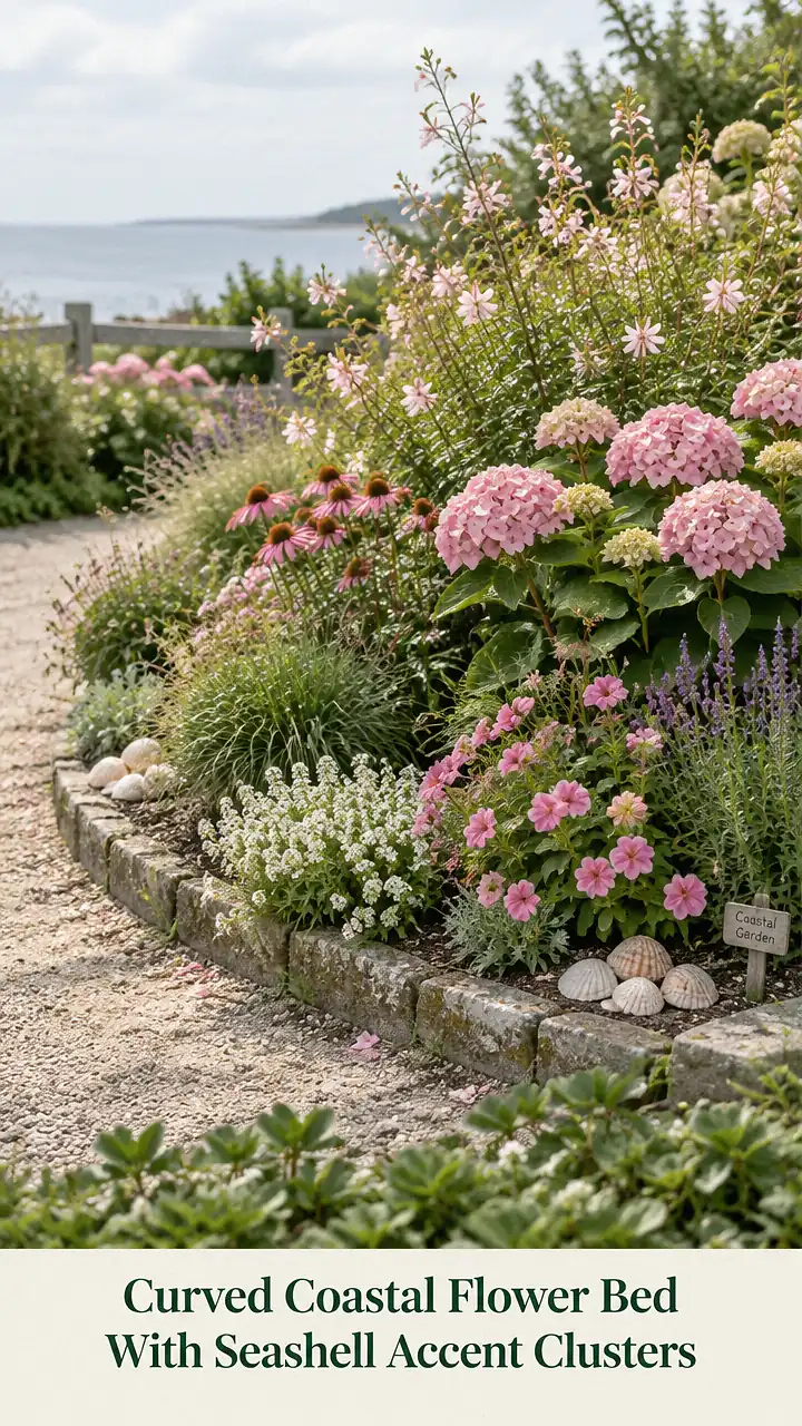 Curved Coastal Flower Bed With Seashell Accent Clusters