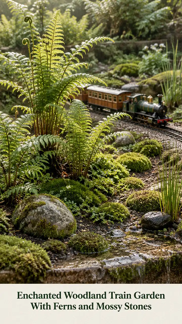 Enchanted Woodland Train Garden With Ferns and Mossy Stones