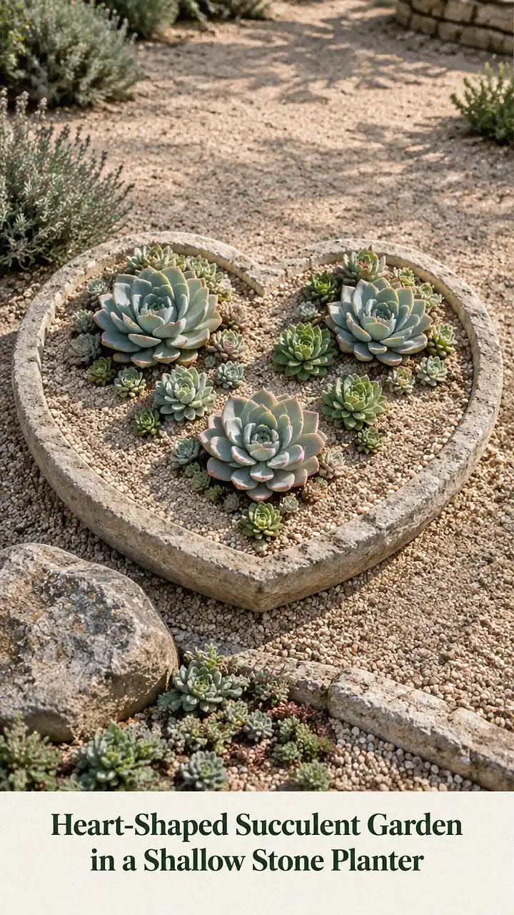 Heart-Shaped Succulent Garden in a Shallow Stone Planter