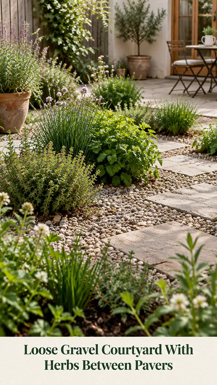 Loose Gravel Courtyard With Herbs Between Pavers