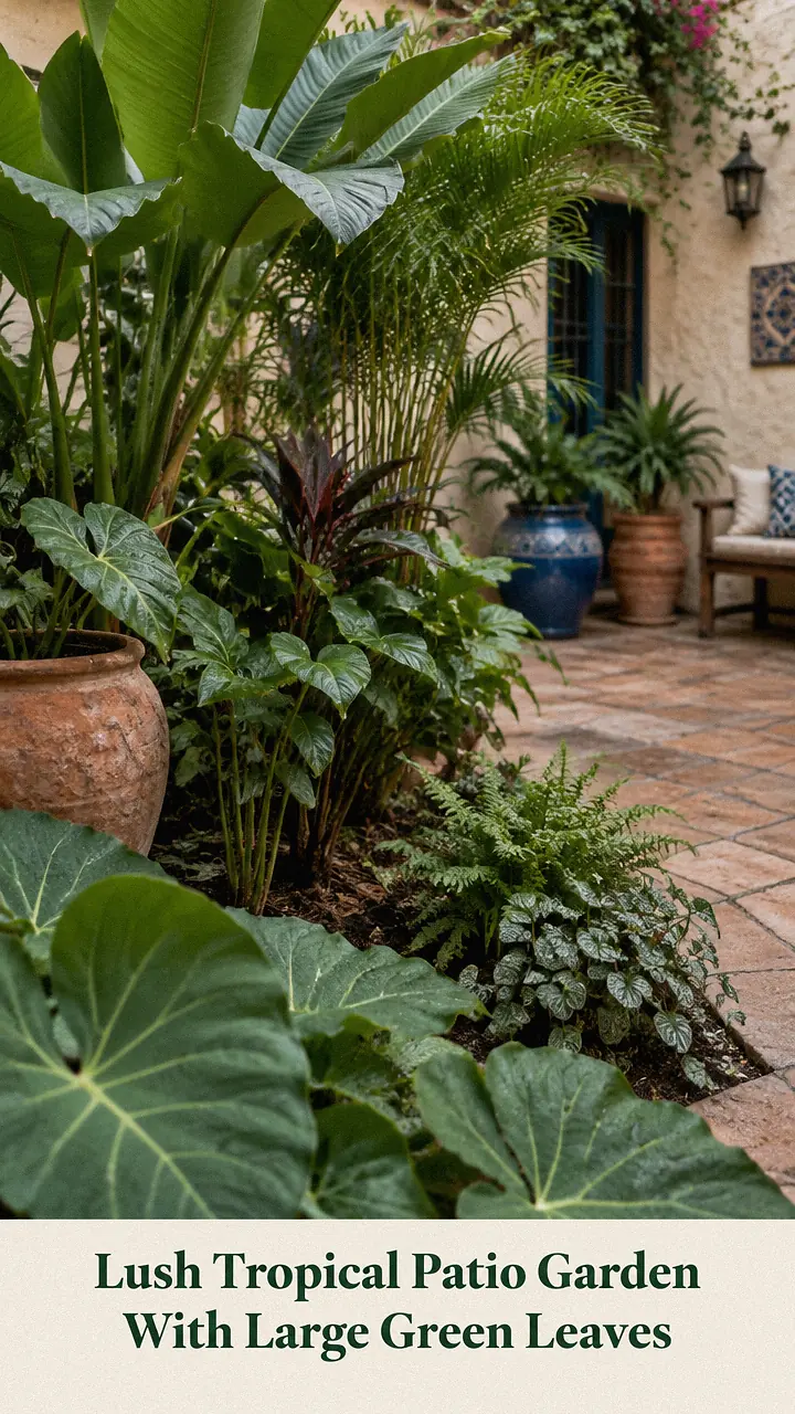 Lush Tropical Patio Garden With Large Green Leaves