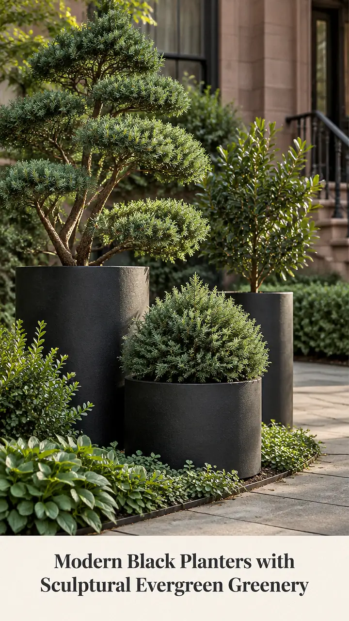 Modern Black Planters with Sculptural Evergreen Greenery