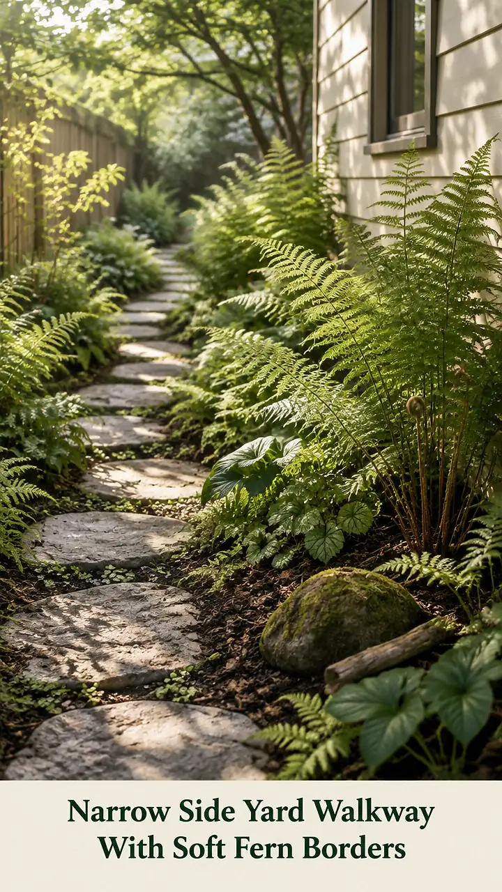 Narrow Side Yard Walkway With Soft Fern Borders