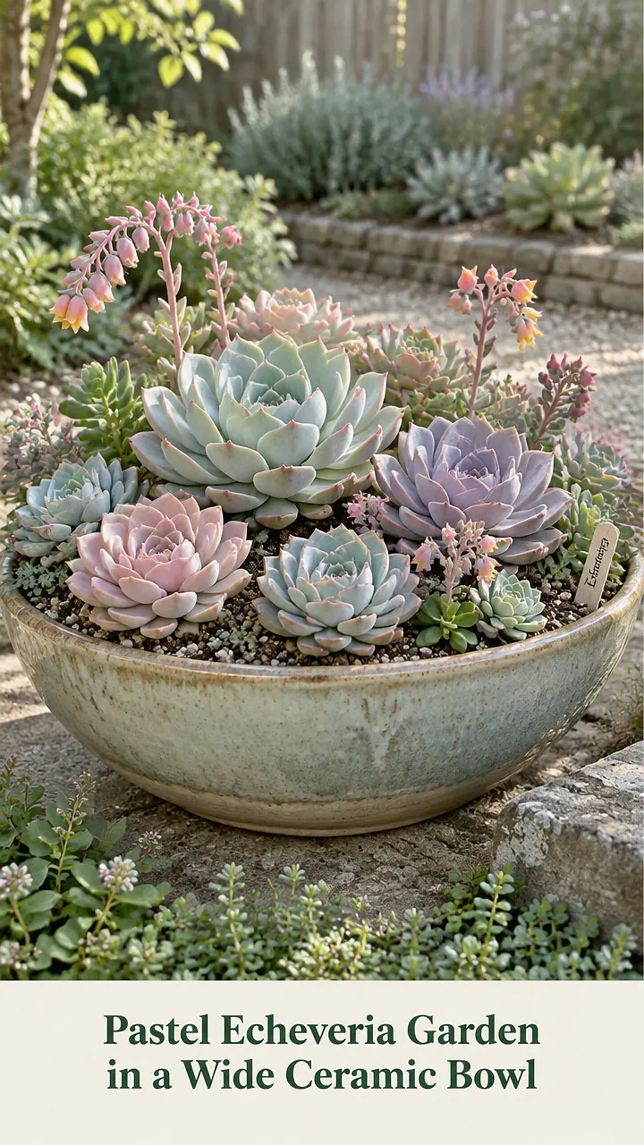 Pastel Echeveria Garden in a Wide Ceramic Bowl