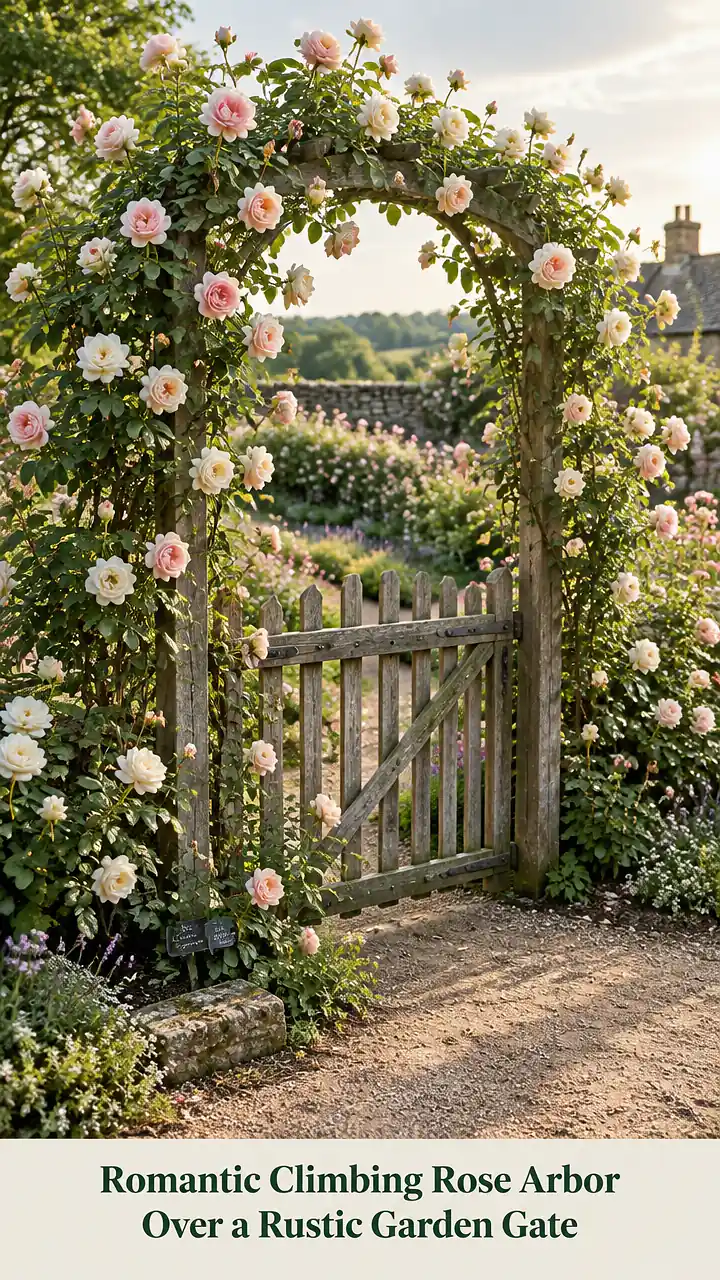 Romantic Climbing Rose Arbor Over a Rustic Garden Gate
