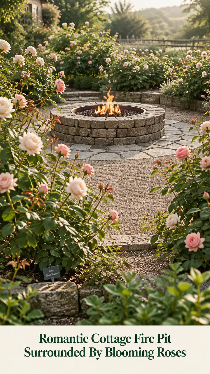 Romantic Cottage Fire Pit Surrounded By Blooming Roses