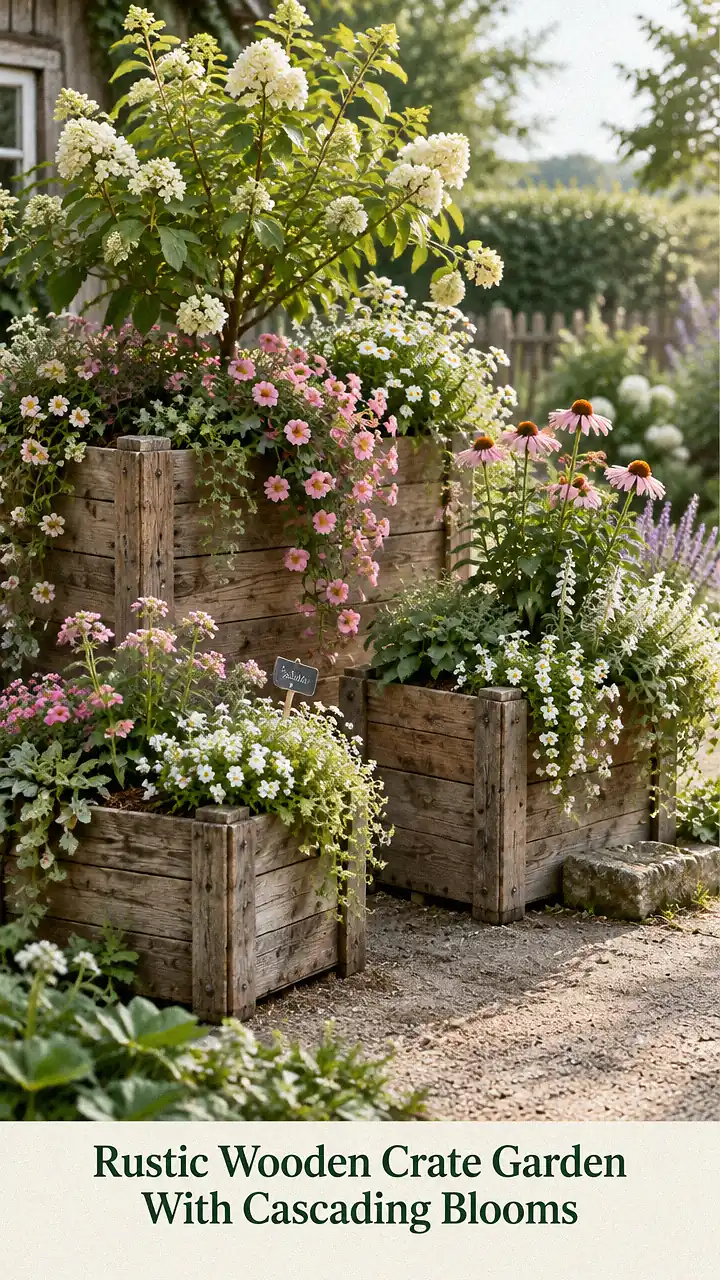 Rustic Wooden Crate Garden With Cascading Blooms