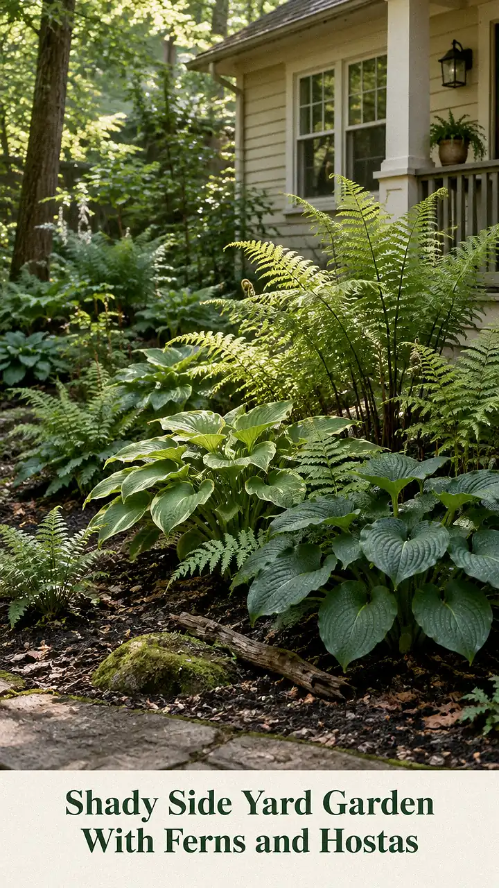 Shady Side Yard Garden With Ferns and Hostas