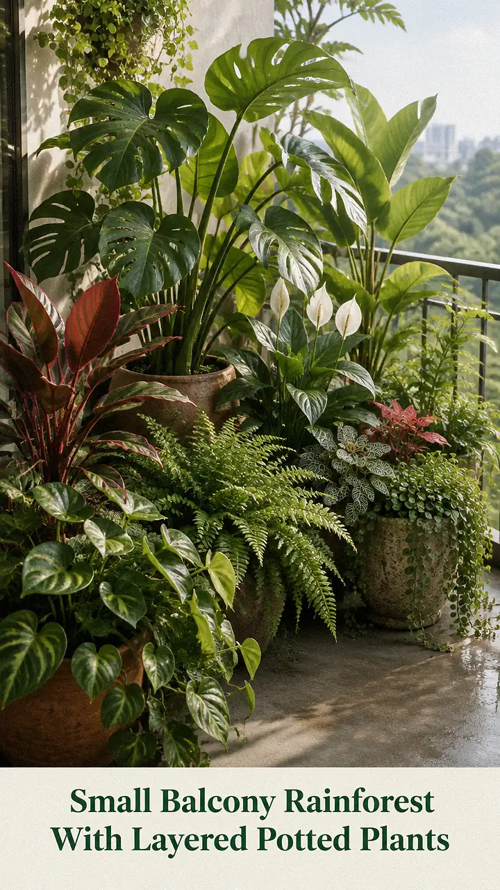 Small Balcony Rainforest With Layered Potted Plants