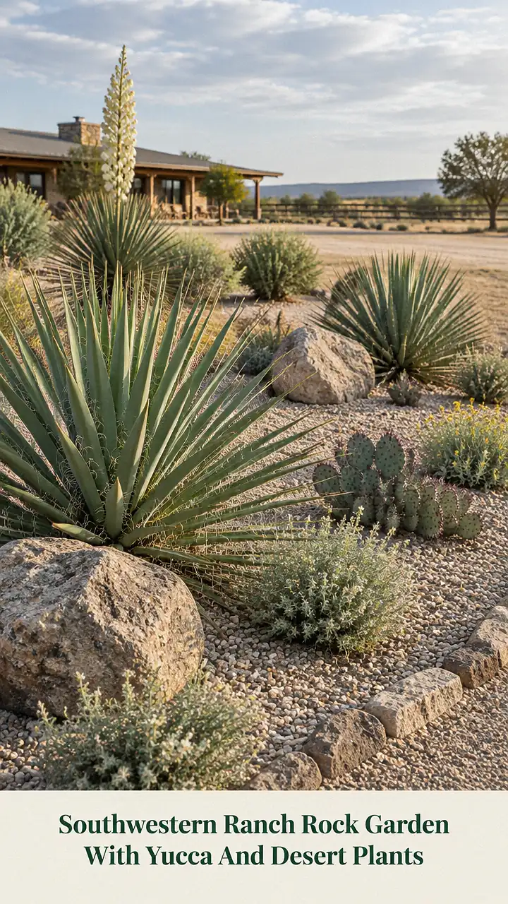 Southwestern Ranch Rock Garden With Yucca And Desert Plants