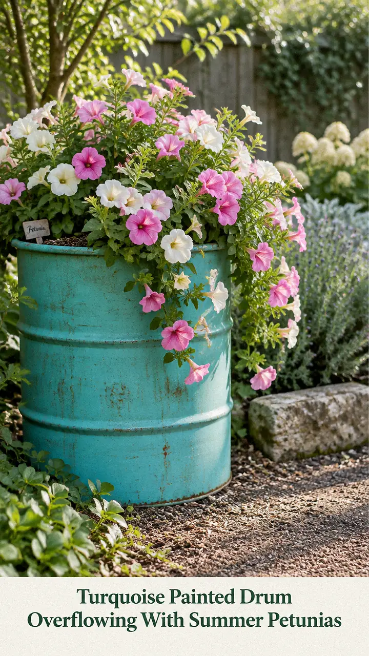 Turquoise Painted Drum Overflowing With Summer Petunias
