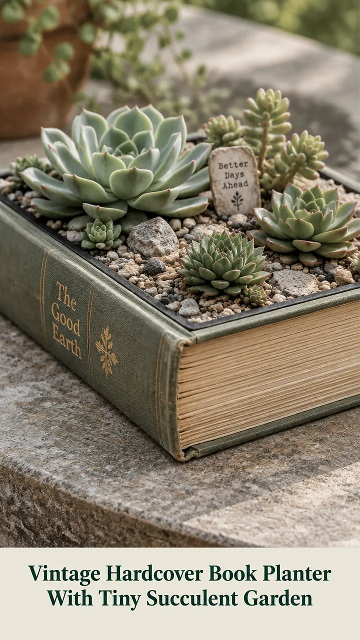 Vintage Hardcover Book Planter With Tiny Succulent Garden