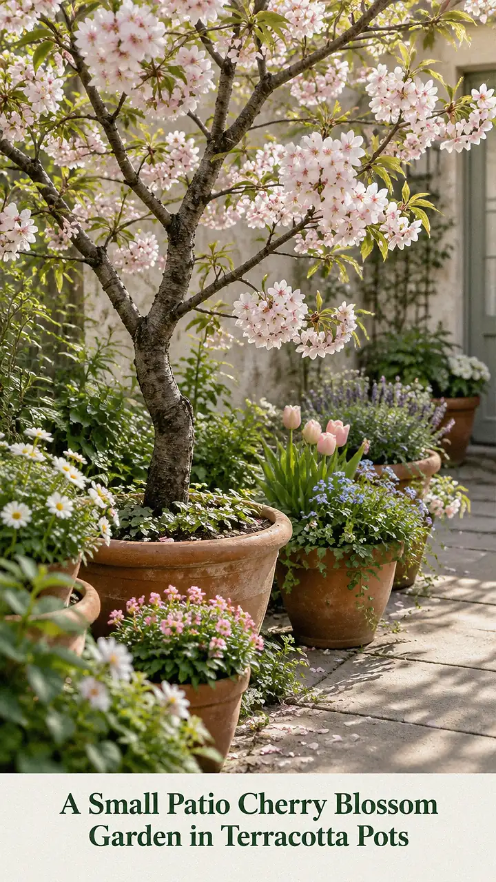 A Small Patio Cherry Blossom Garden in Terracotta Pots