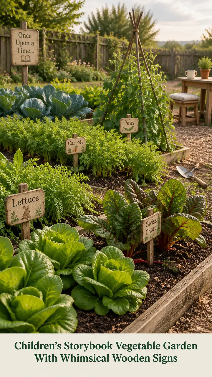 Children's Storybook Vegetable Garden With Whimsical Wooden Signs