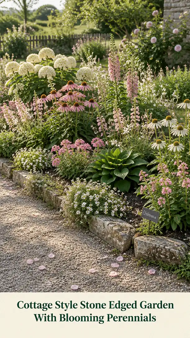 Cottage Style Stone Edged Garden With Blooming Perennials