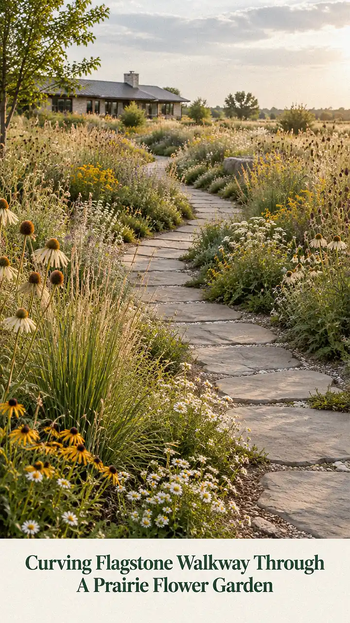 Curving Flagstone Walkway Through A Prairie Flower Garden