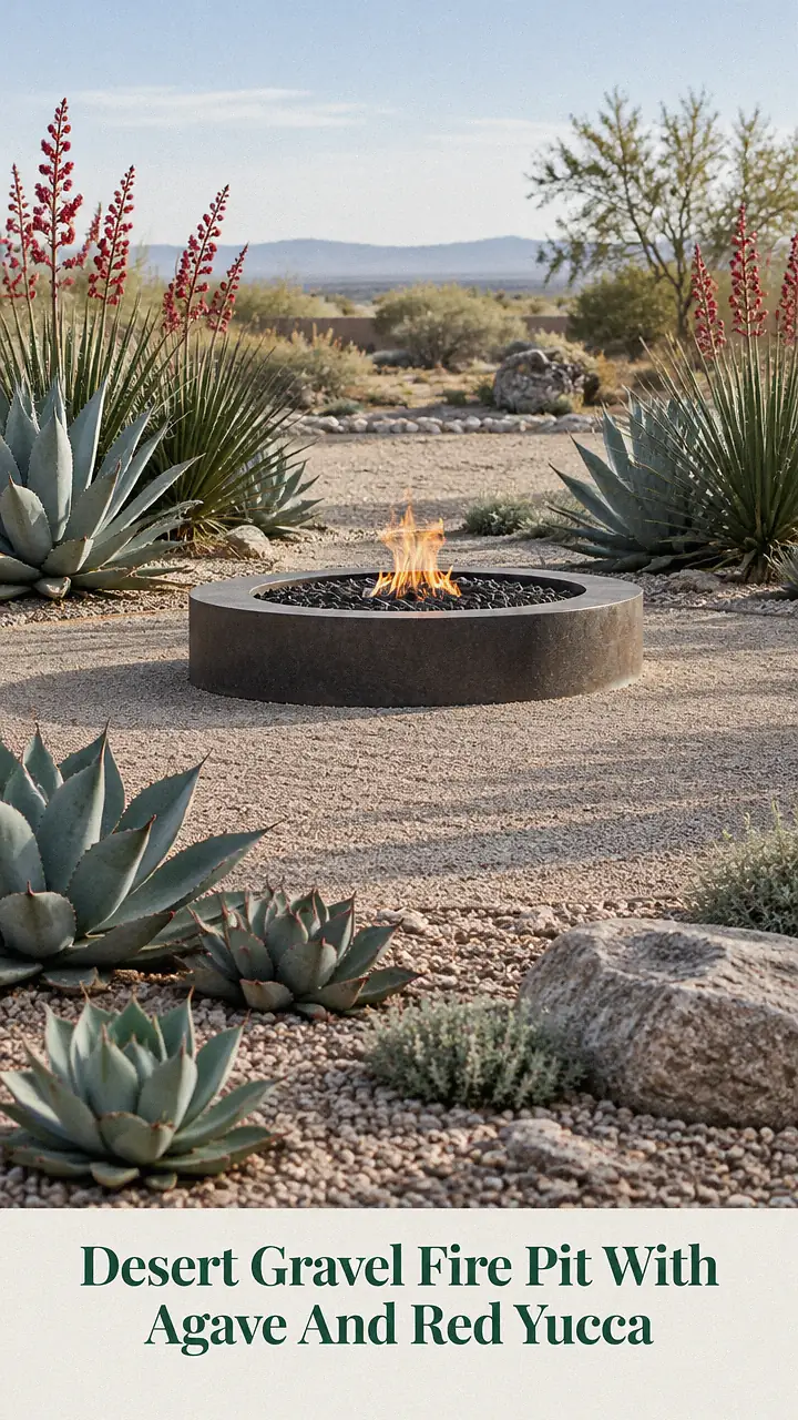 Desert Gravel Fire Pit With Agave And Red Yucca