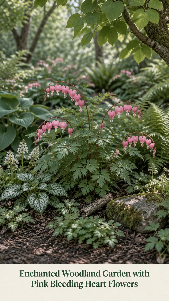 Enchanted Woodland Garden with Pink Bleeding Heart Flowers