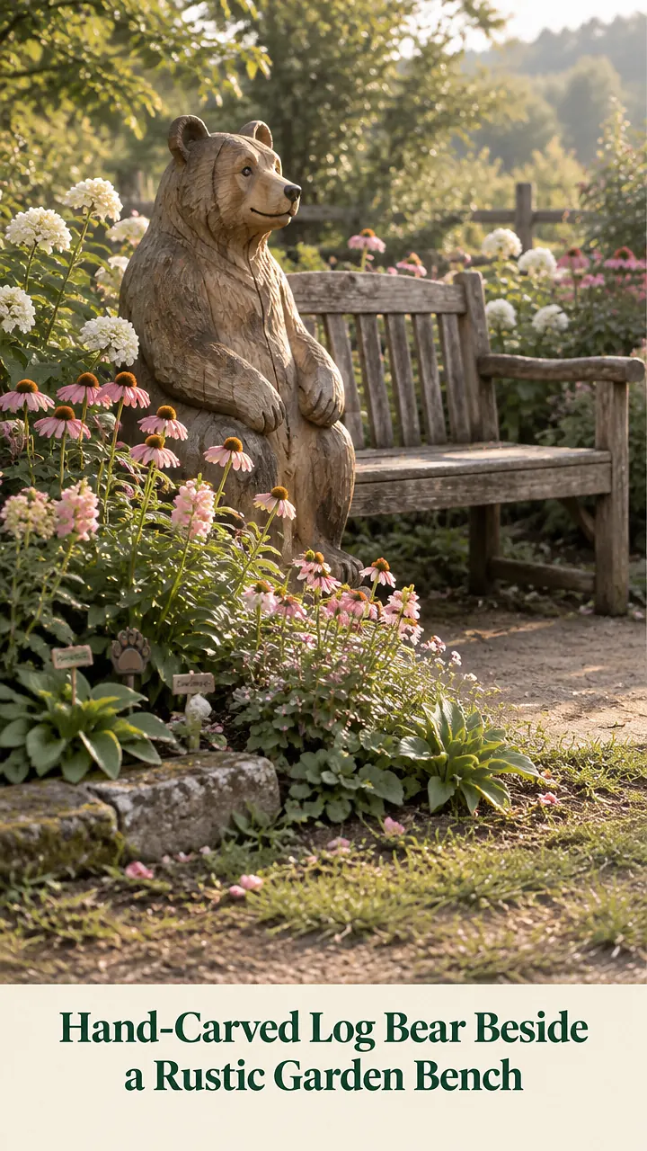 Hand-Carved Log Bear Beside a Rustic Garden Bench