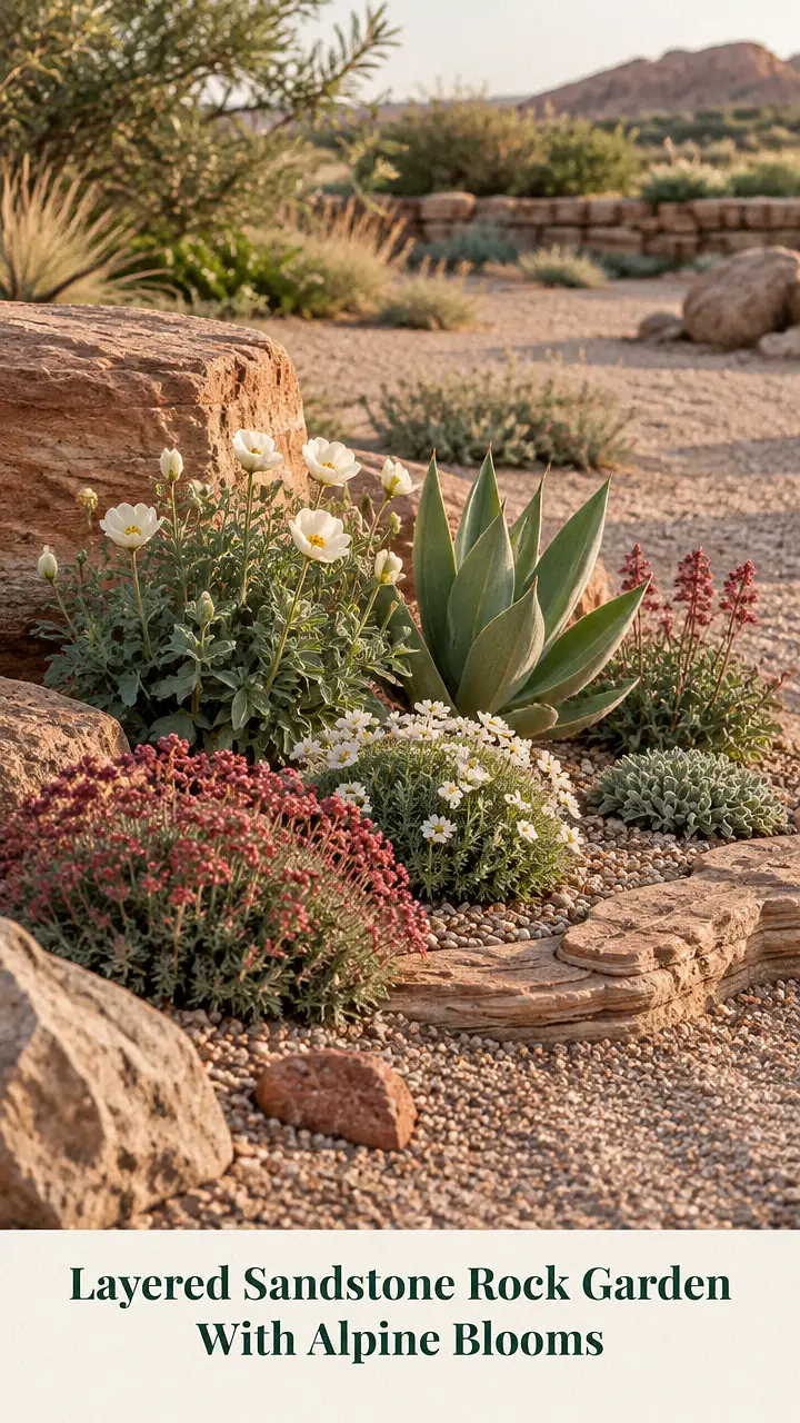 Layered Sandstone Rock Garden With Alpine Blooms
