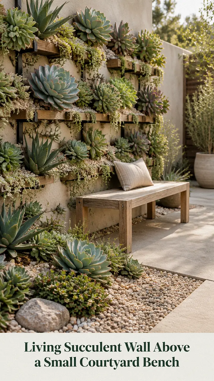 Living Succulent Wall Above a Small Courtyard Bench
