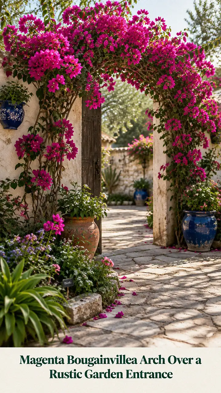 Magenta Bougainvillea Arch Over a Rustic Garden Entrance