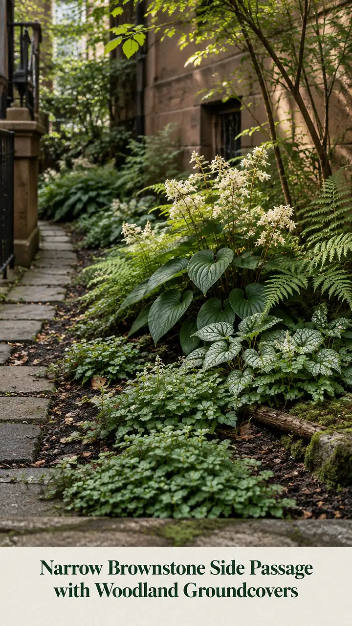Narrow Brownstone Side Passage with Woodland Groundcovers