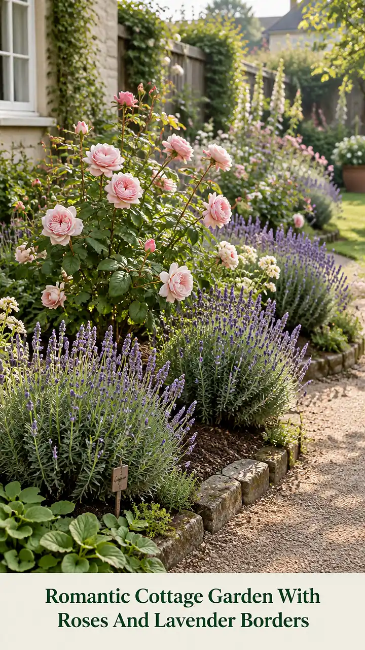 Romantic Cottage Garden With Roses And Lavender Borders