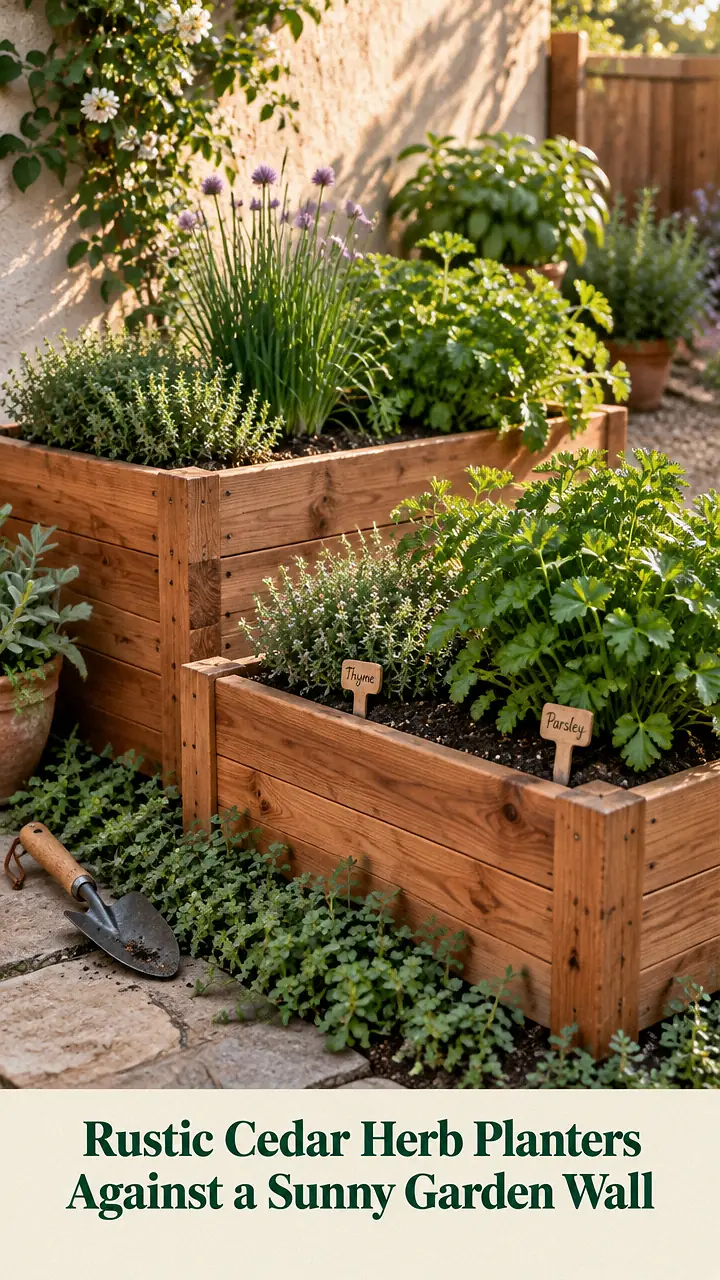 Rustic Cedar Herb Planters Against a Sunny Garden Wall