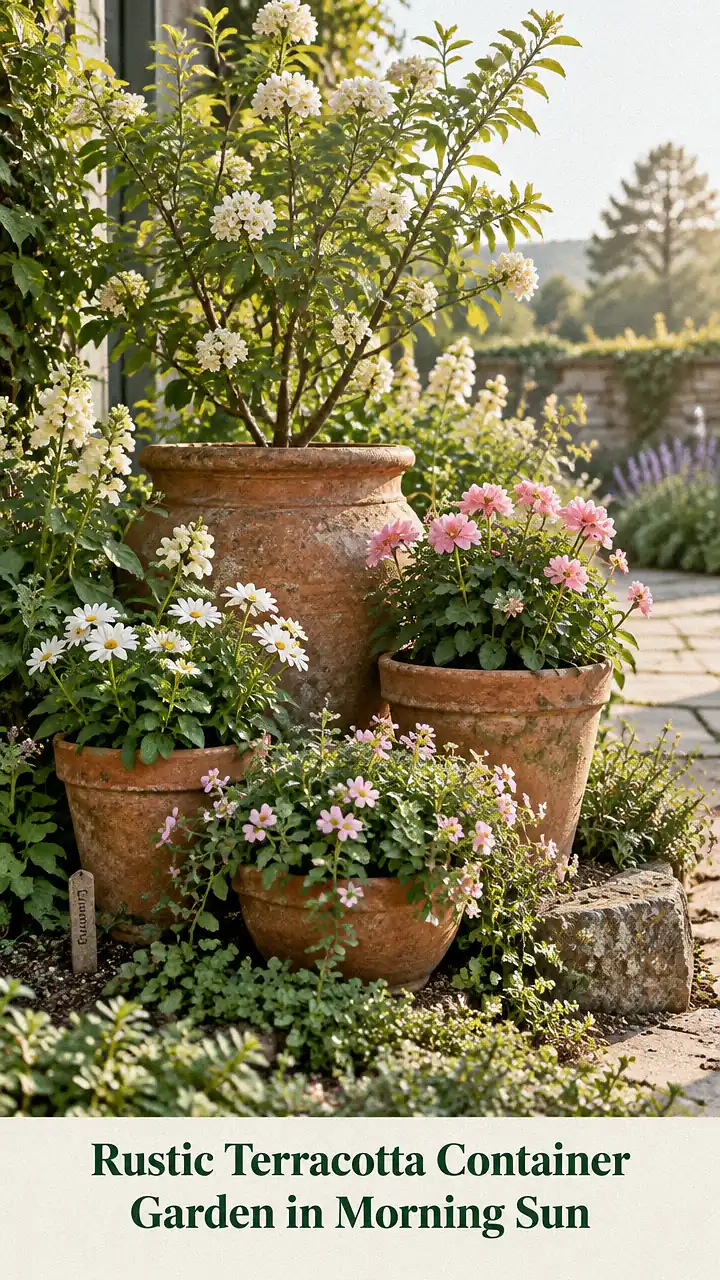 Rustic Terracotta Container Garden in Morning Sun
