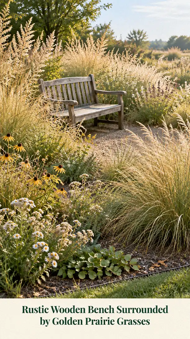 Rustic Wooden Bench Surrounded by Golden Prairie Grasses