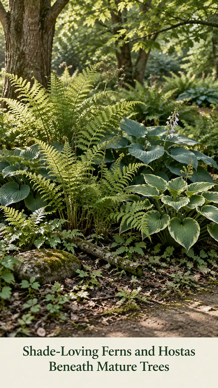 Shade-Loving Ferns and Hostas Beneath Mature Trees