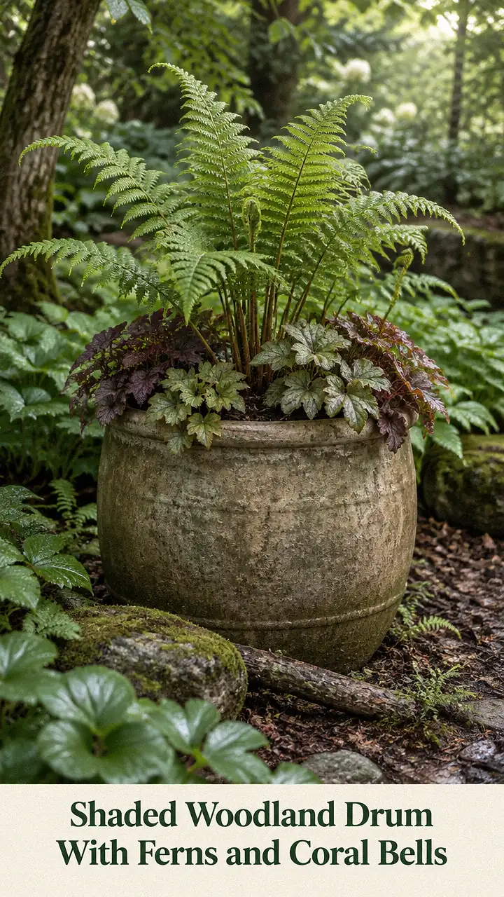 Shaded Woodland Drum With Ferns and Coral Bells
