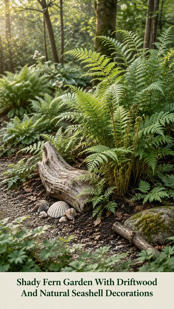 Shady Fern Garden With Driftwood And Natural Seashell Decorations