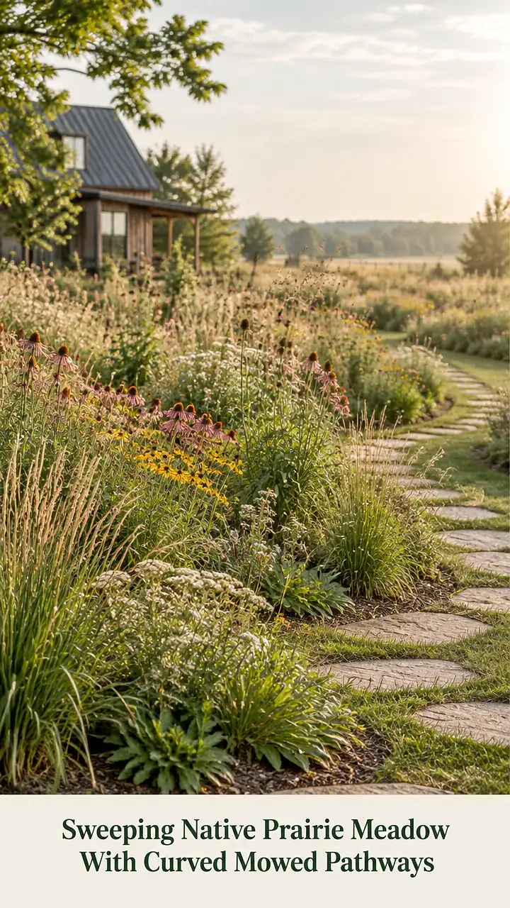 Sweeping Native Prairie Meadow With Curved Mowed Pathways