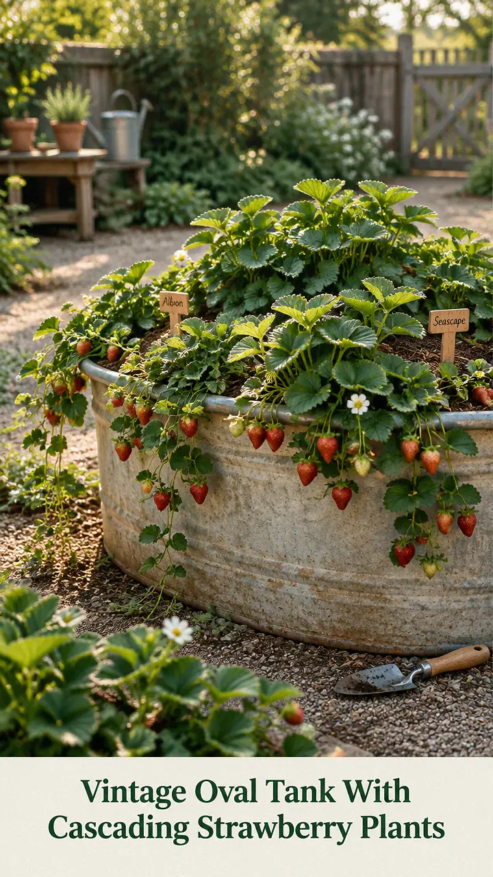 Vintage Oval Tank With Cascading Strawberry Plants