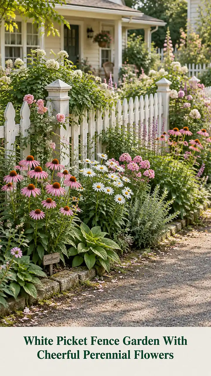 White Picket Fence Garden With Cheerful Perennial Flowers