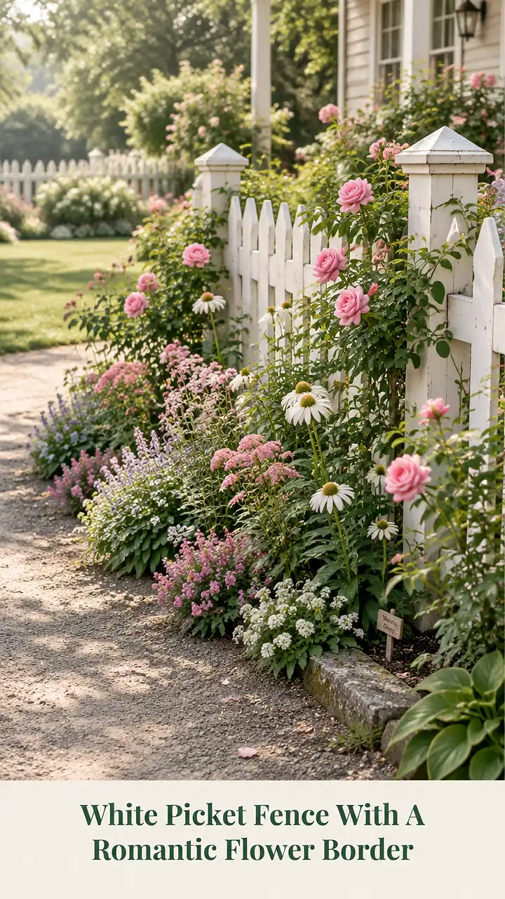 White Picket Fence With A Romantic Flower Border