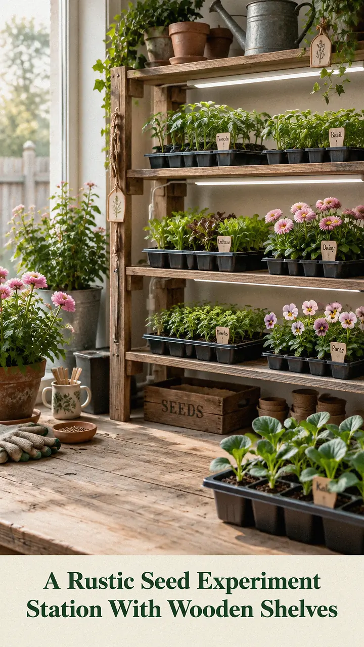 A Rustic Seed Experiment Station With Wooden Shelves