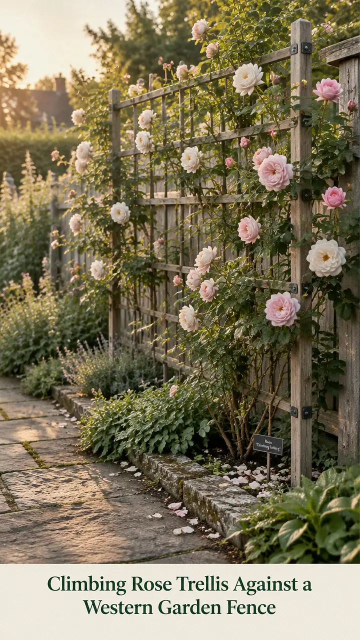 Climbing Rose Trellis Against a Western Garden Fence