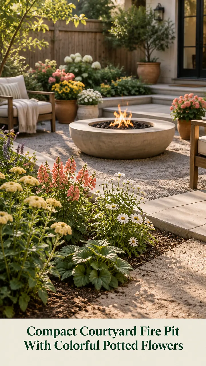 Compact Courtyard Fire Pit With Colorful Potted Flowers